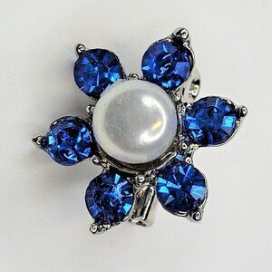 Blue Fashion Crystals and Pearl Flower Brooch Pin